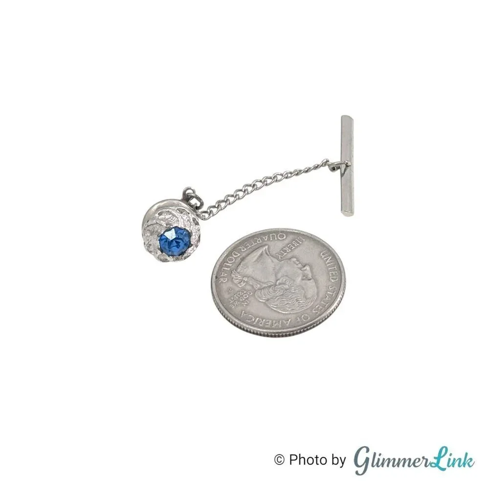 Vintage Swank Silver Tone Tie Pin Tack Blue Rhinestone Mid Century